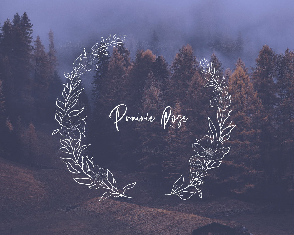Hand-drawn Prairie Rose floral wreath vector and clipart illustration in black and white for digital download.
