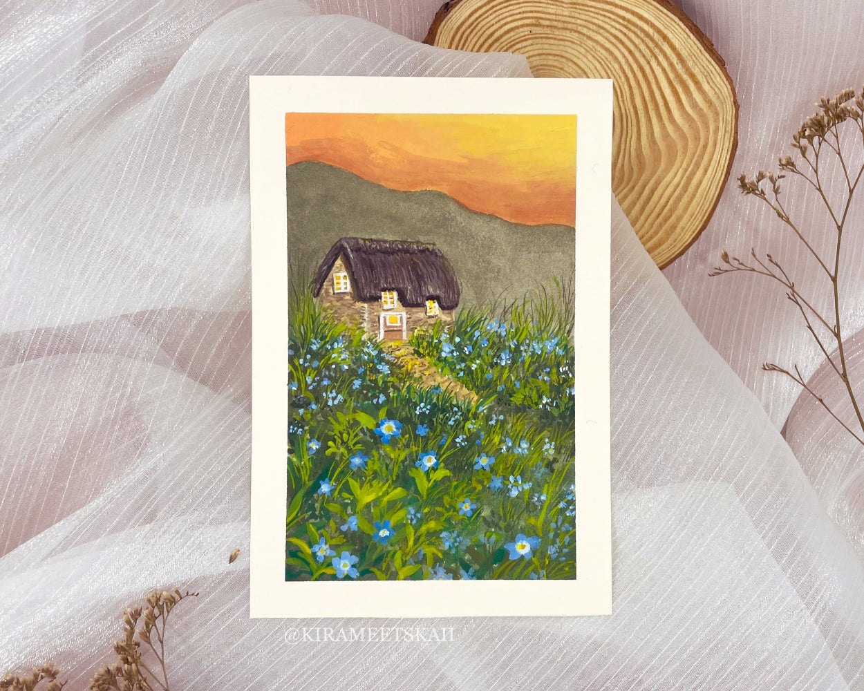 "Cottage in Blue" Gouache Painting (Original Artwork)