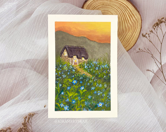 "Cottage in Blue" Gouache Painting (Original Artwork)