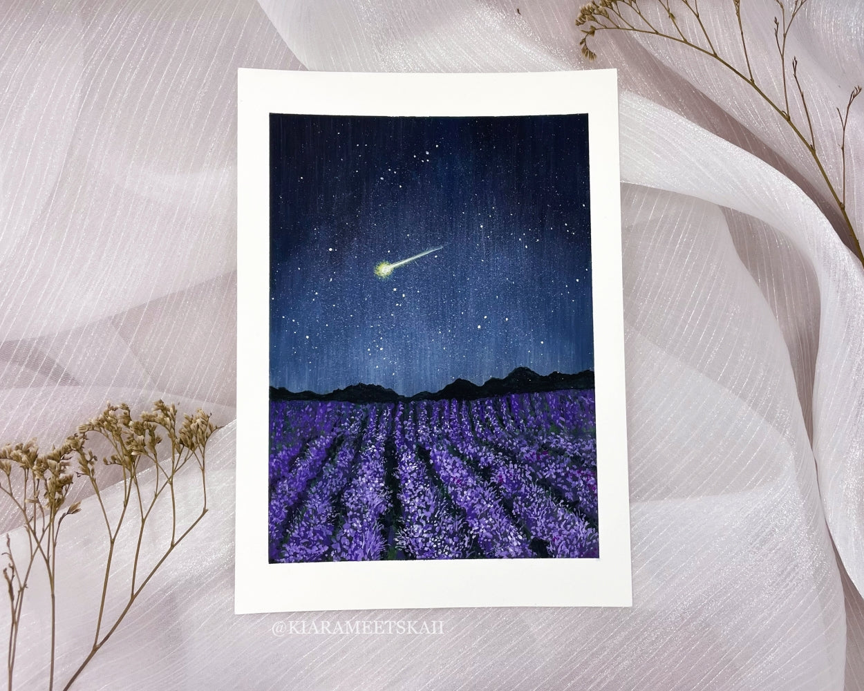 "Shooting Star Over Lavender Field" Gouache Painting (Original Artwork)