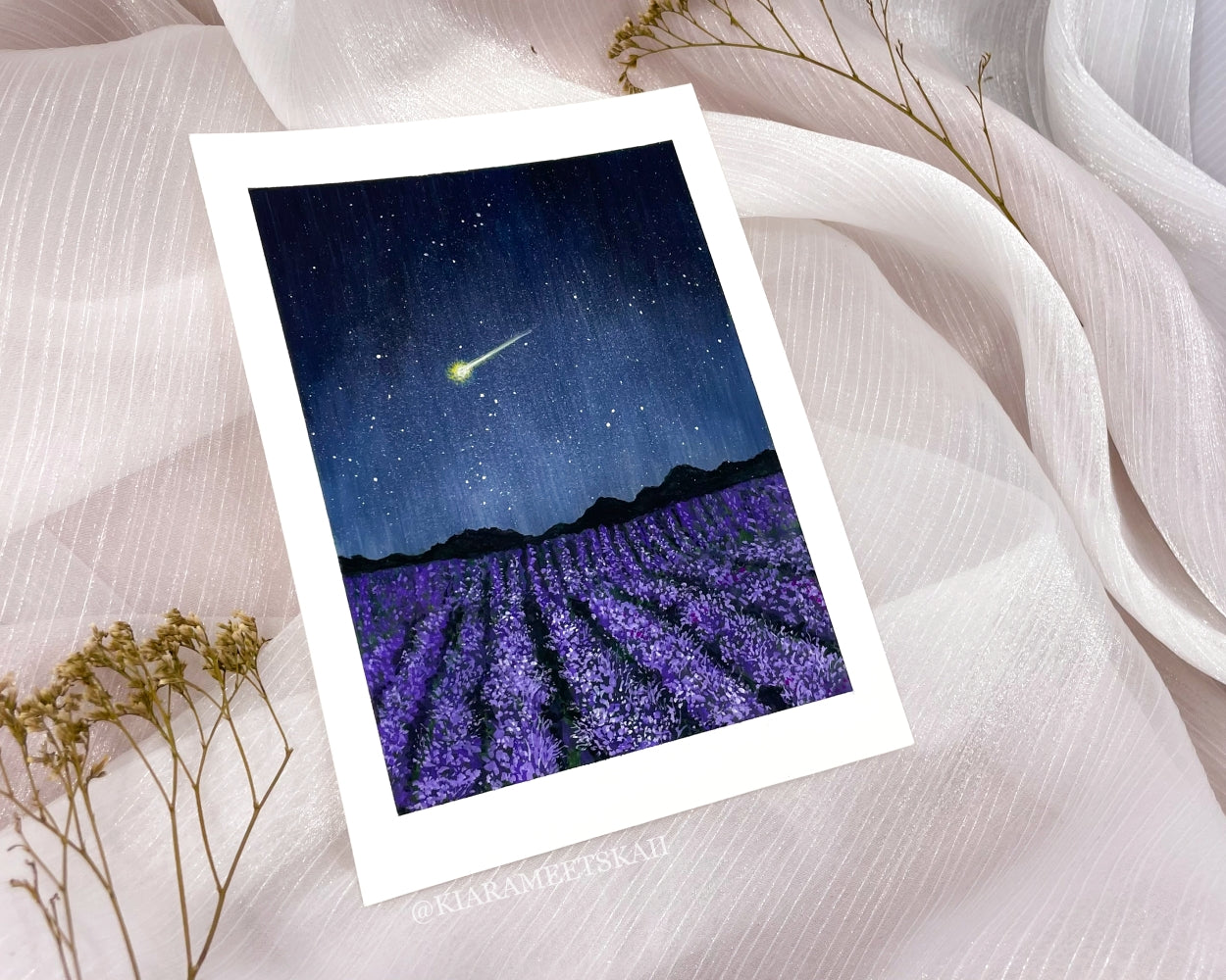"Shooting Star Over Lavender Field" Gouache Painting (Original Artwork)