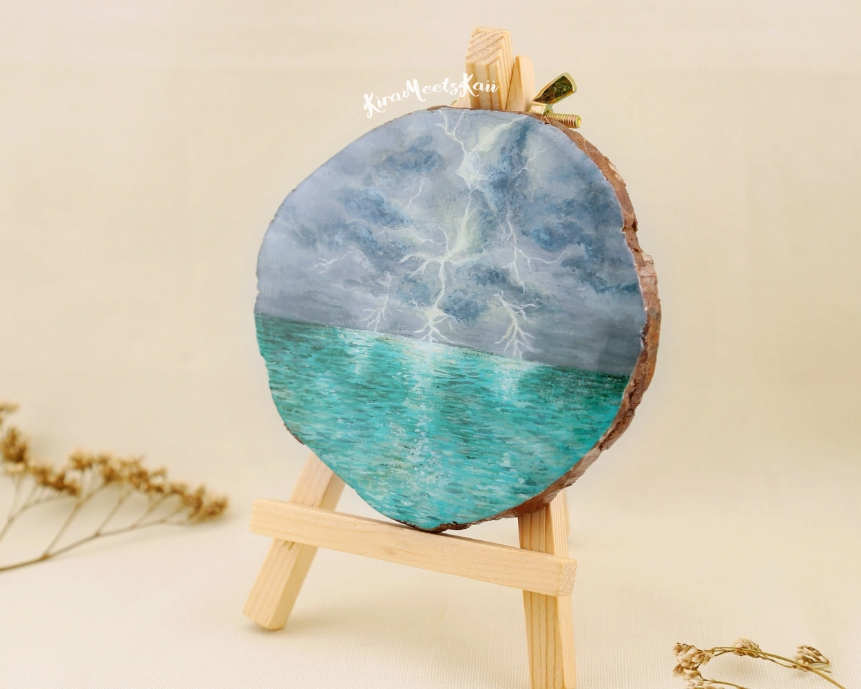 "Tempest's Glow" Thunderstruck Over a Green Sea, Acrylic Painting on Wood