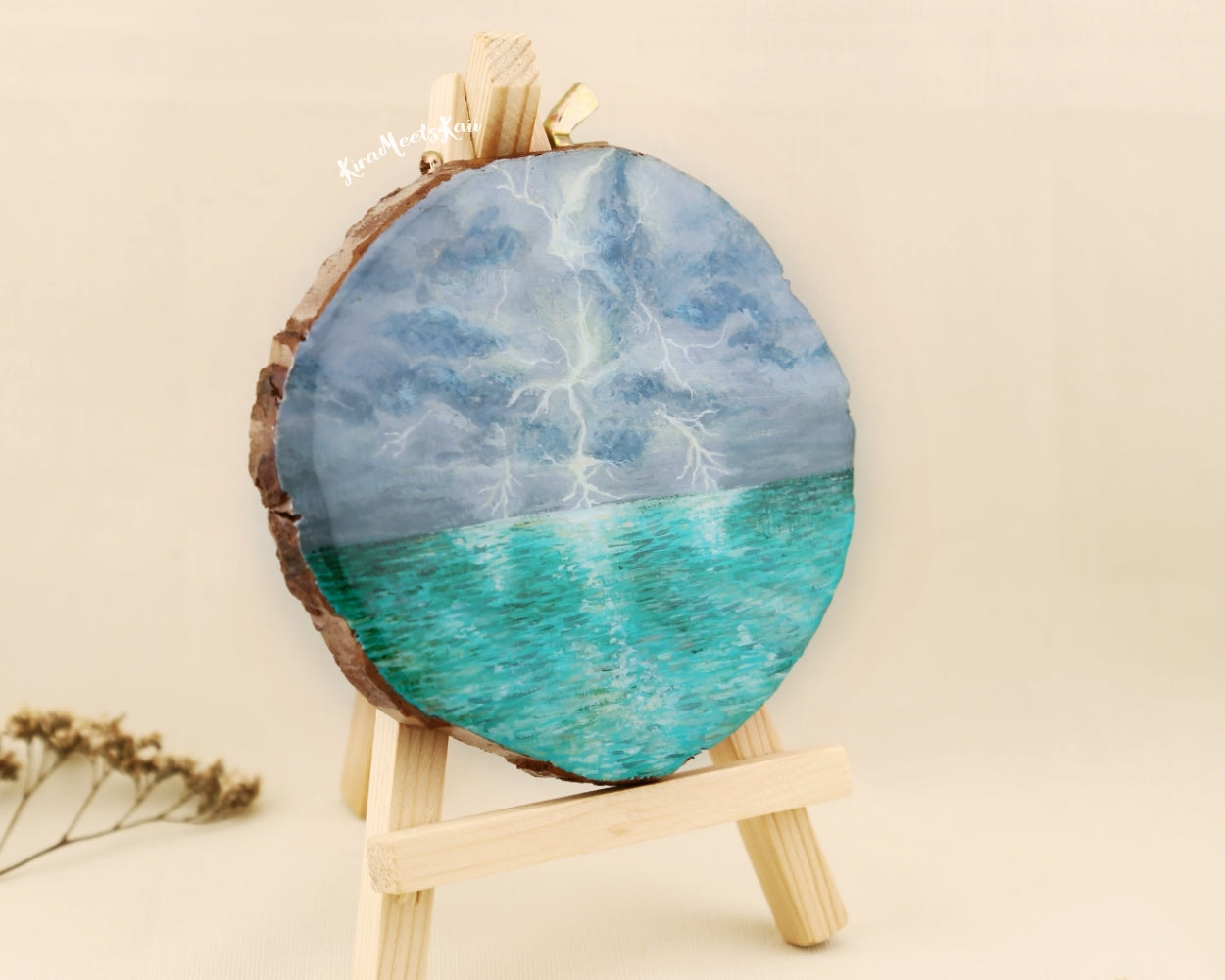 "Tempest's Glow" Thunderstruck Over a Green Sea, Acrylic Painting on Wood