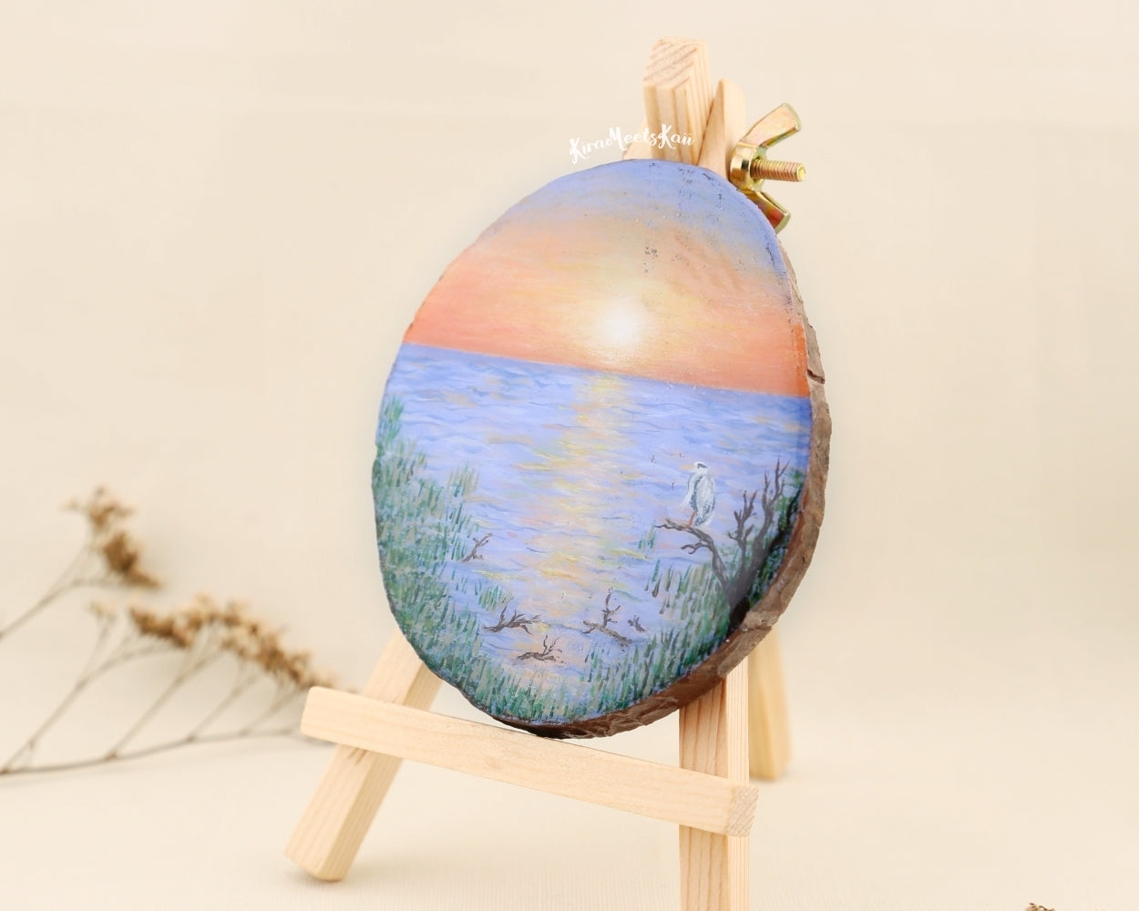"Twilight Tranquility" Heron’s Rest Beneath a Sunset Sky, Acrylic Painting on Wood
