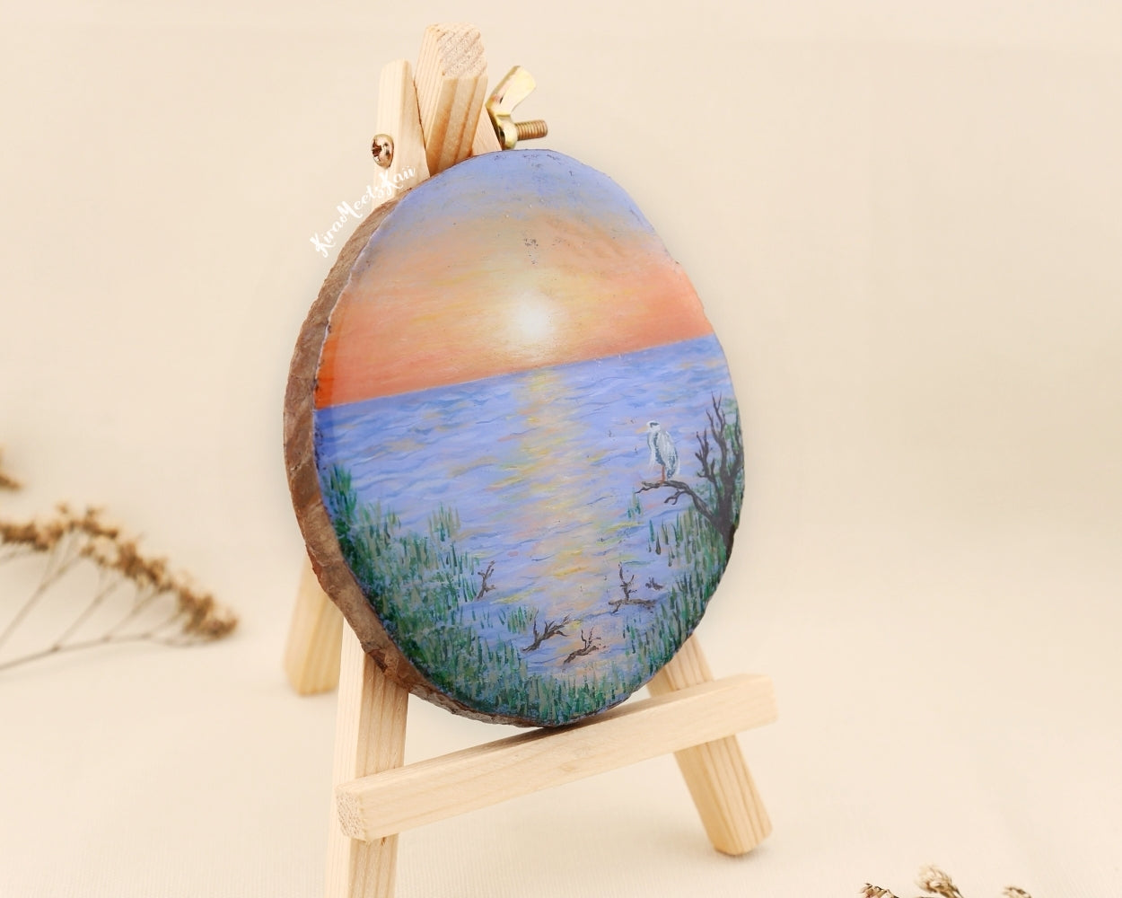 "Twilight Tranquility" Heron’s Rest Beneath a Sunset Sky, Acrylic Painting on Wood