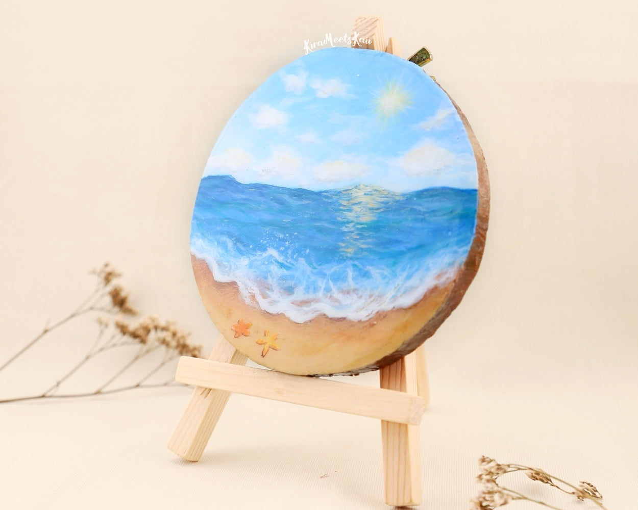 "Ocean's Embrace" Sunlit Waves and Sea Stars on the Shore, Acrylic Painting on Wood