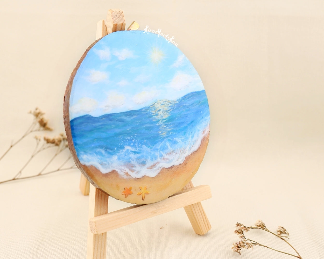 "Ocean's Embrace" Sunlit Waves and Sea Stars on the Shore, Acrylic Painting on Wood