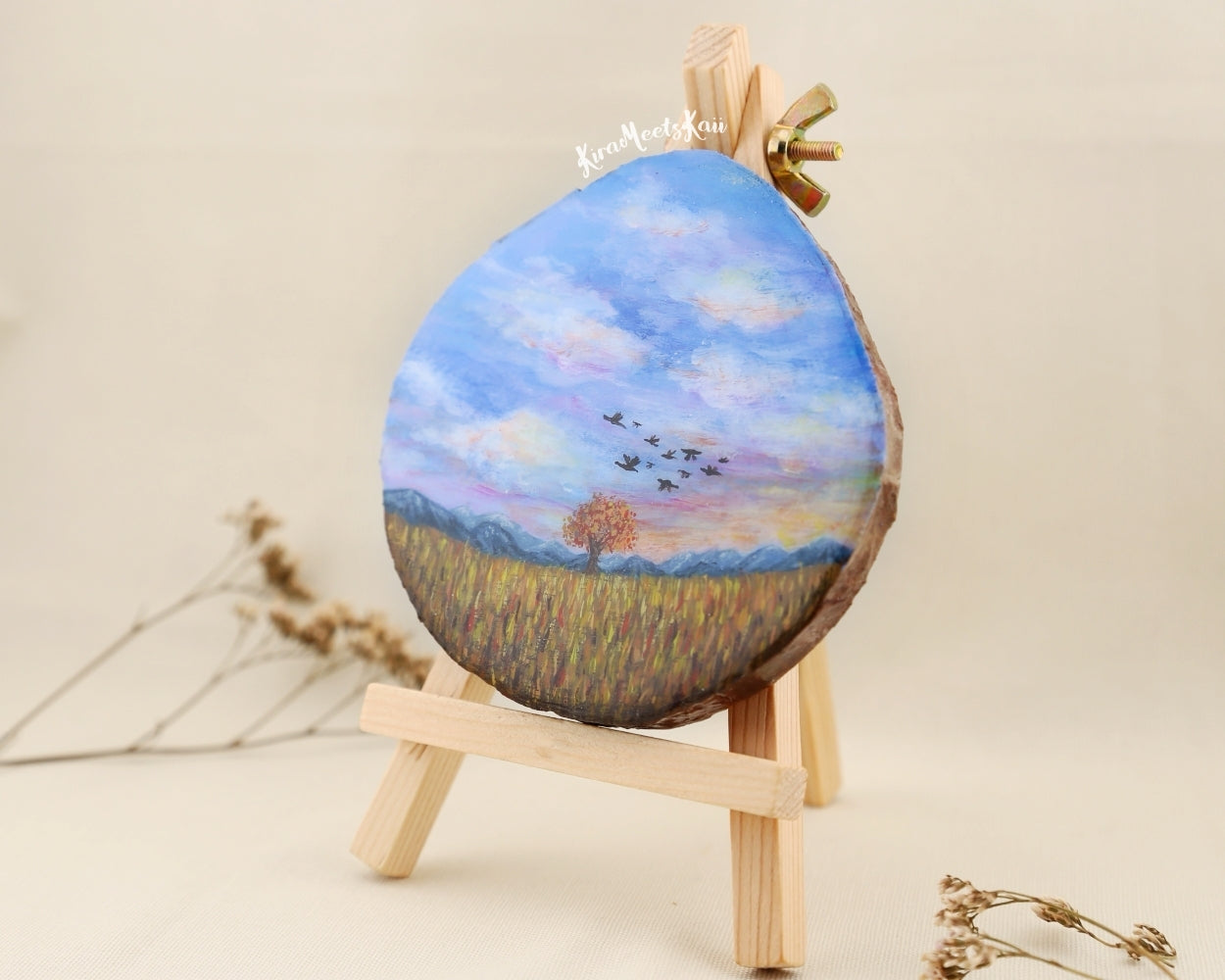 "Autumn's Serenade" Birds in Flight Beneath a Lavender Sky, Acrylic Painting on Wood