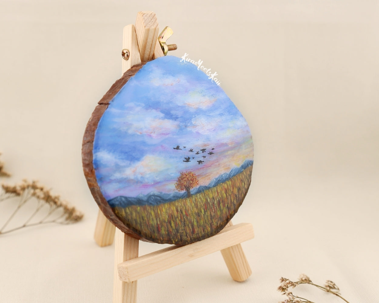"Autumn's Serenade" Birds in Flight Beneath a Lavender Sky, Acrylic Painting on Wood