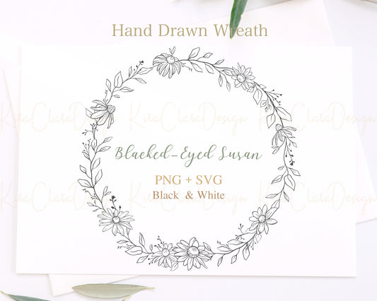 Black-Eyed Susan Flower Full Wreath Clipart Download / Black & White Color