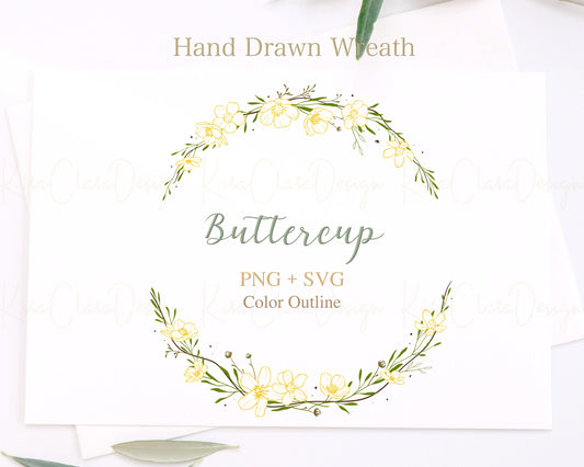 Buttercup Flower Half Wreath Clipart/ Color Outline