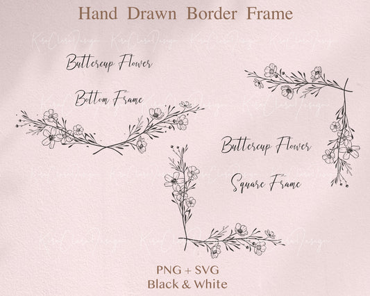 Buttercup Flower Bottom Frame & Square Corner Frame Clipart/ Black & White