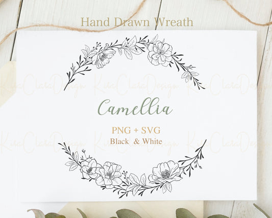 Camellia Flower Half Wreath Clipart / Black & White Color