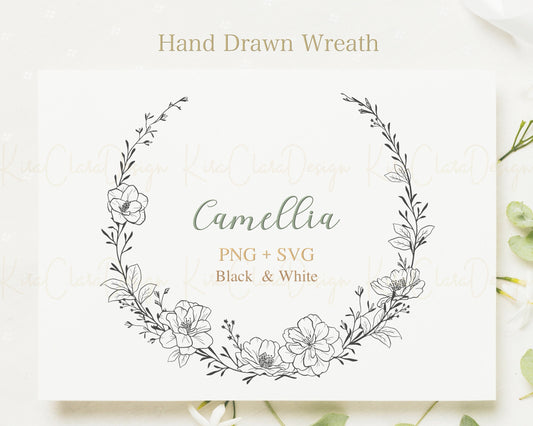 Camellia Flower Half Wreath Clipart / Black & White Color