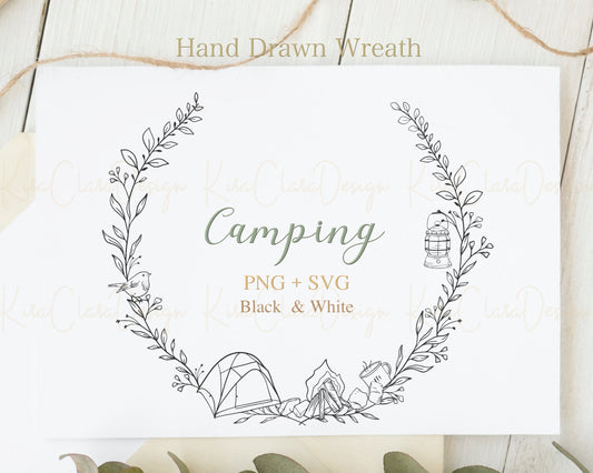 Camping Themed Wreath Clipart / Black & White Color