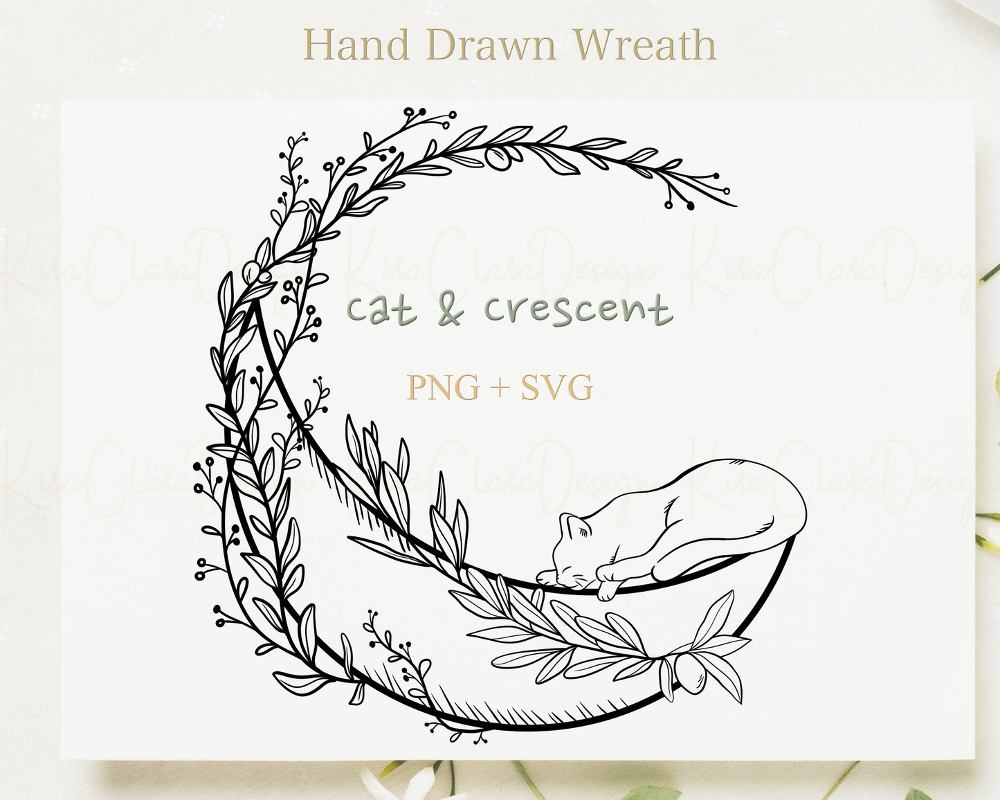 Cat & Crescent Wreath Clipart