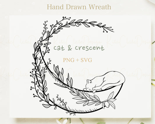 Cat & Crescent Wreath Clipart