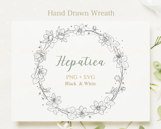 Hepatica (Liverleaf) Floral Wreath Clipart / Black & White