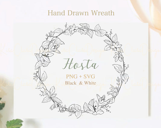 Hosta Plant (Plantain Lilies) Flower Wreath Clipart/ Black & White