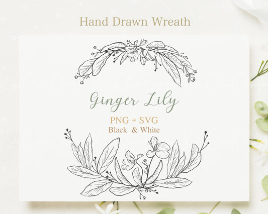 Ginger Lily Flower Wreath Clipart Black & White