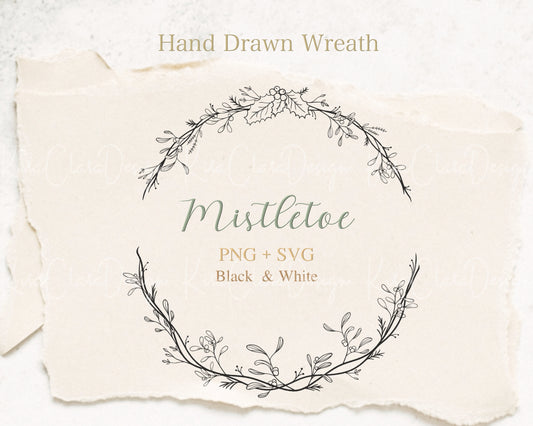 Christmas Mistletoe Wreath Clipart / Black & White Color