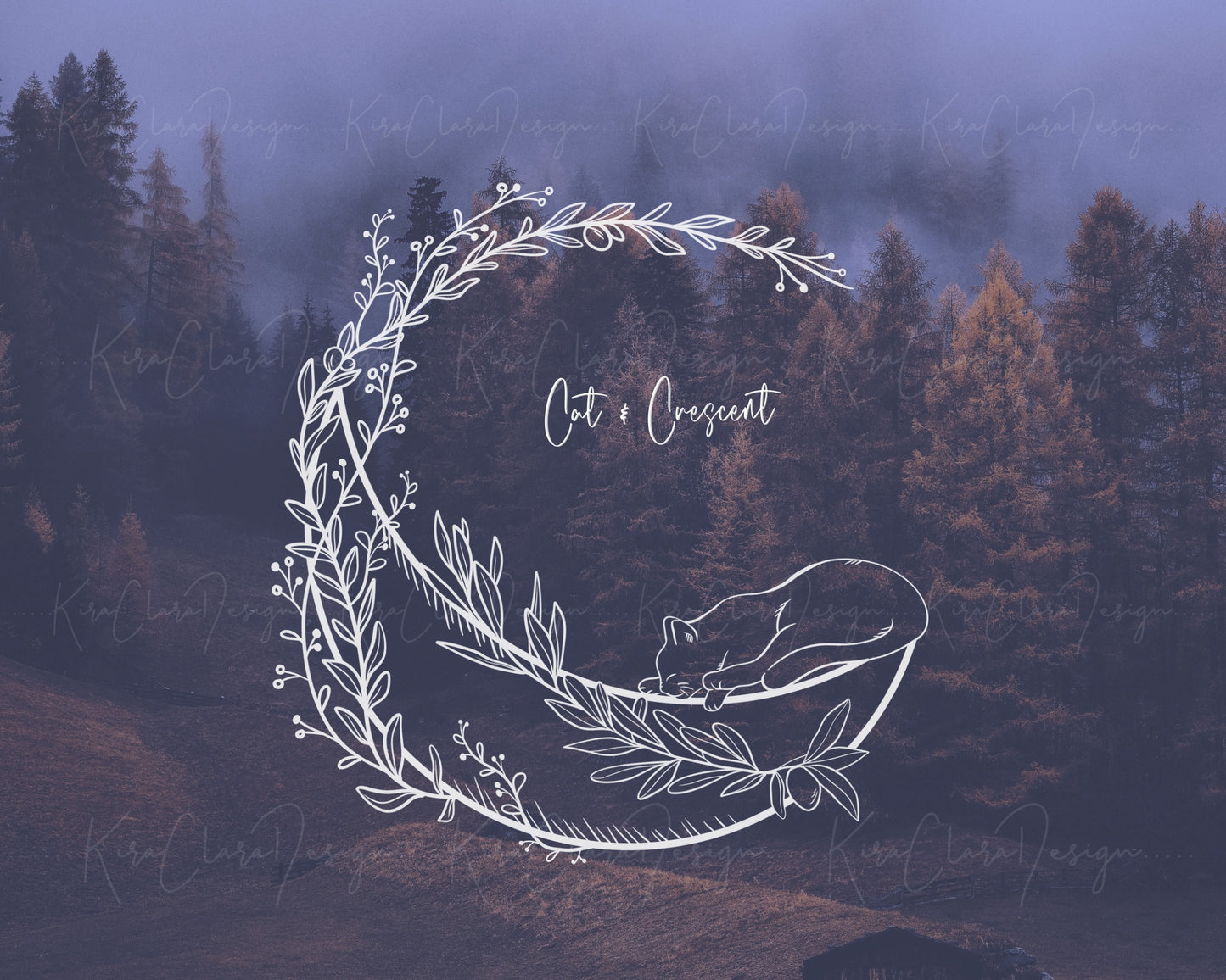 Cat & Crescent Wreath Clipart