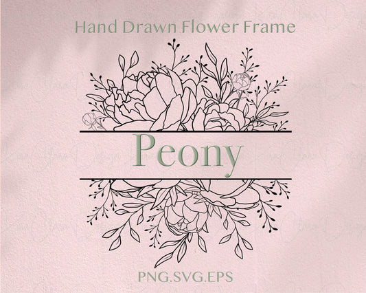 Peony Flower Split Border Frame Clipart SVG