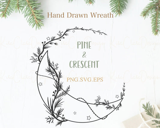 Pine Leaf & Moon Wreath Clipart SVG